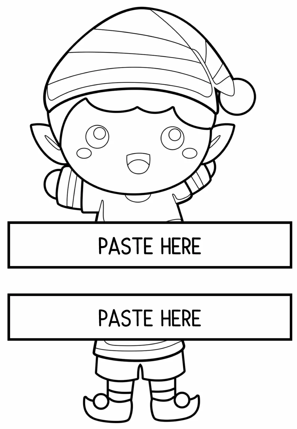 Waving elf in a striped hat image overlap with upper body and lower legs halves ready to paste onto a student's work