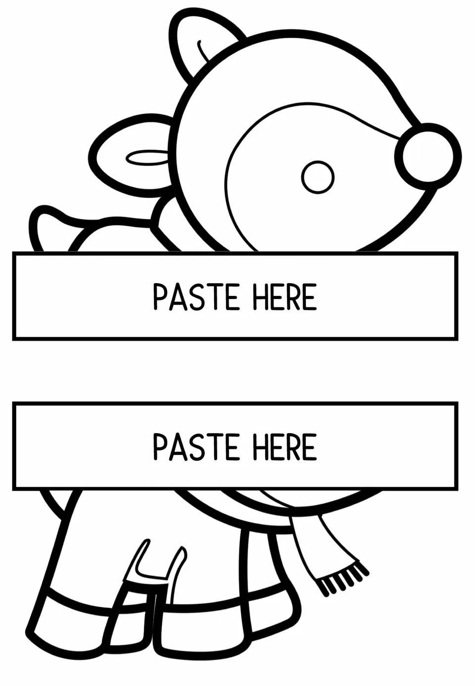 Reindeer in a scarf image overlap: head and ears top with hooves and scarf bottom, for students to color and attach