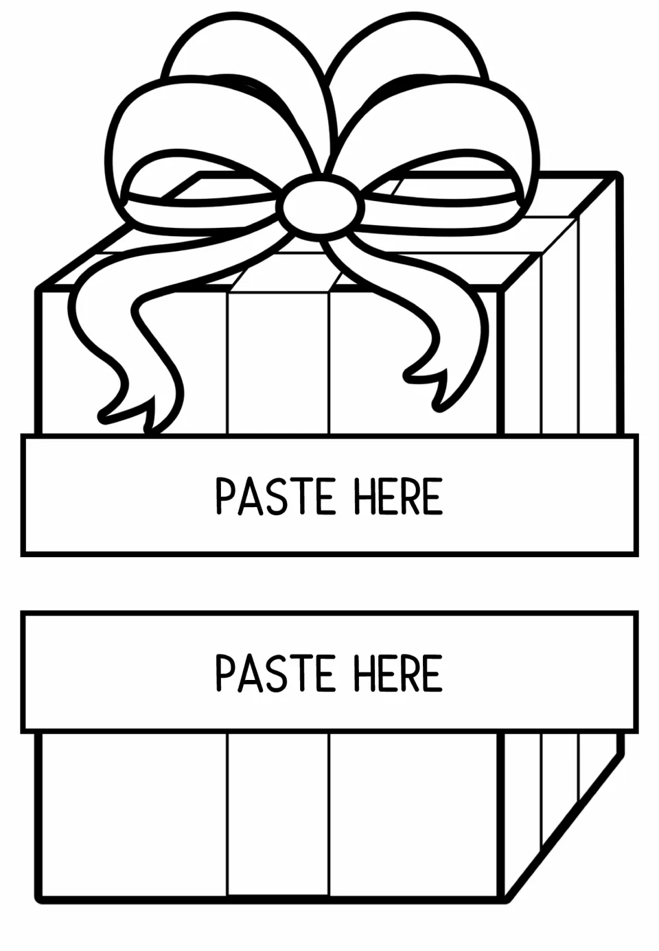 Wrapped present with a big bow image overlap; the bow top and box bottom attach above and below a writing page