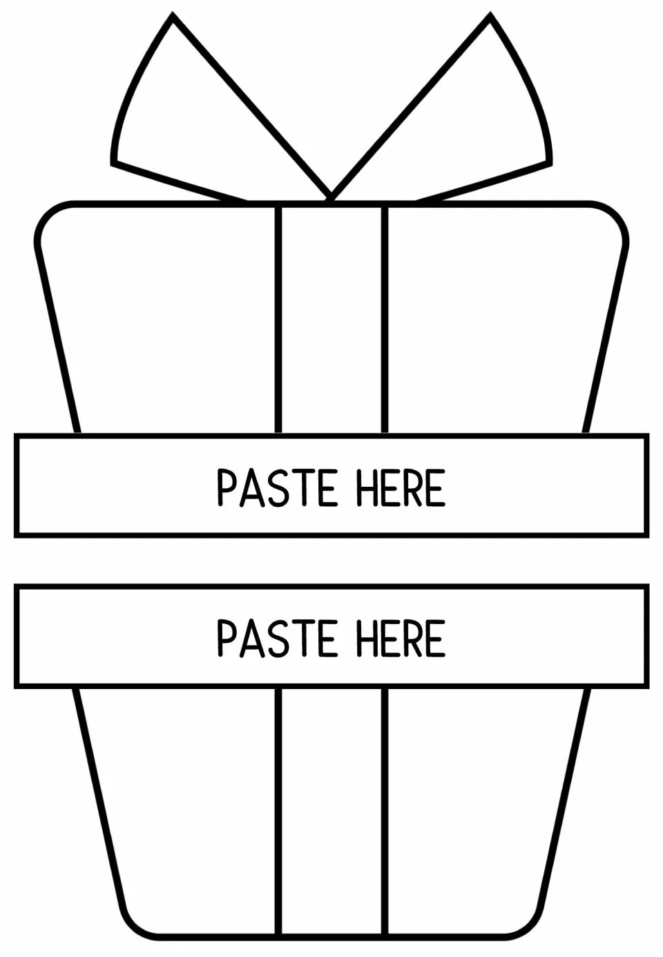 Simple gift box outline overlap with a pointed bow, split into lid and base halves for students to decorate and glue
