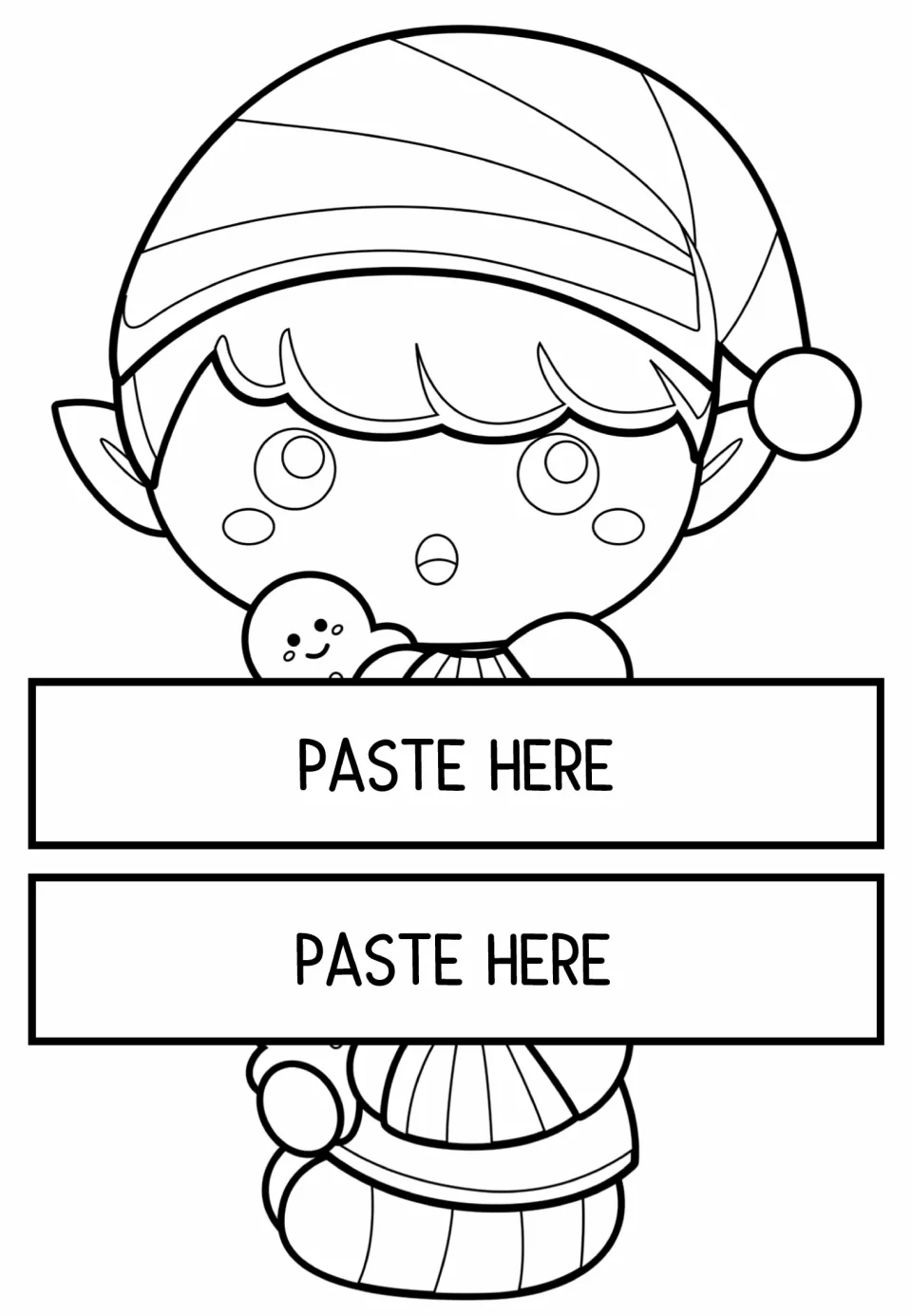 Elf holding a gingerbread cookie image overlap with head and body pieces that frame a student's Christmas writing