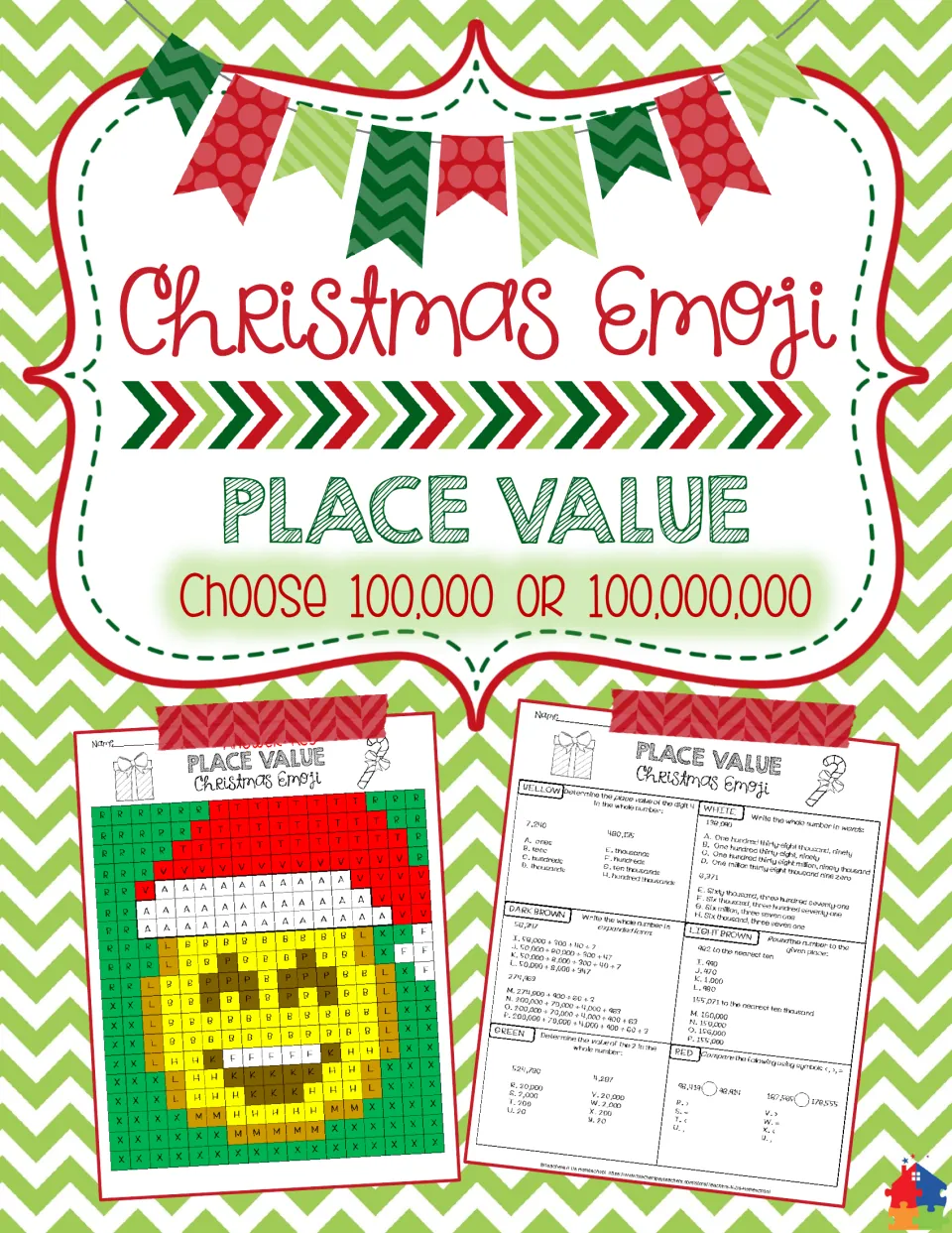 Christmas Emoji Place Value Activity cover offering 100,000 or 100,000,000 versions of the coloring task