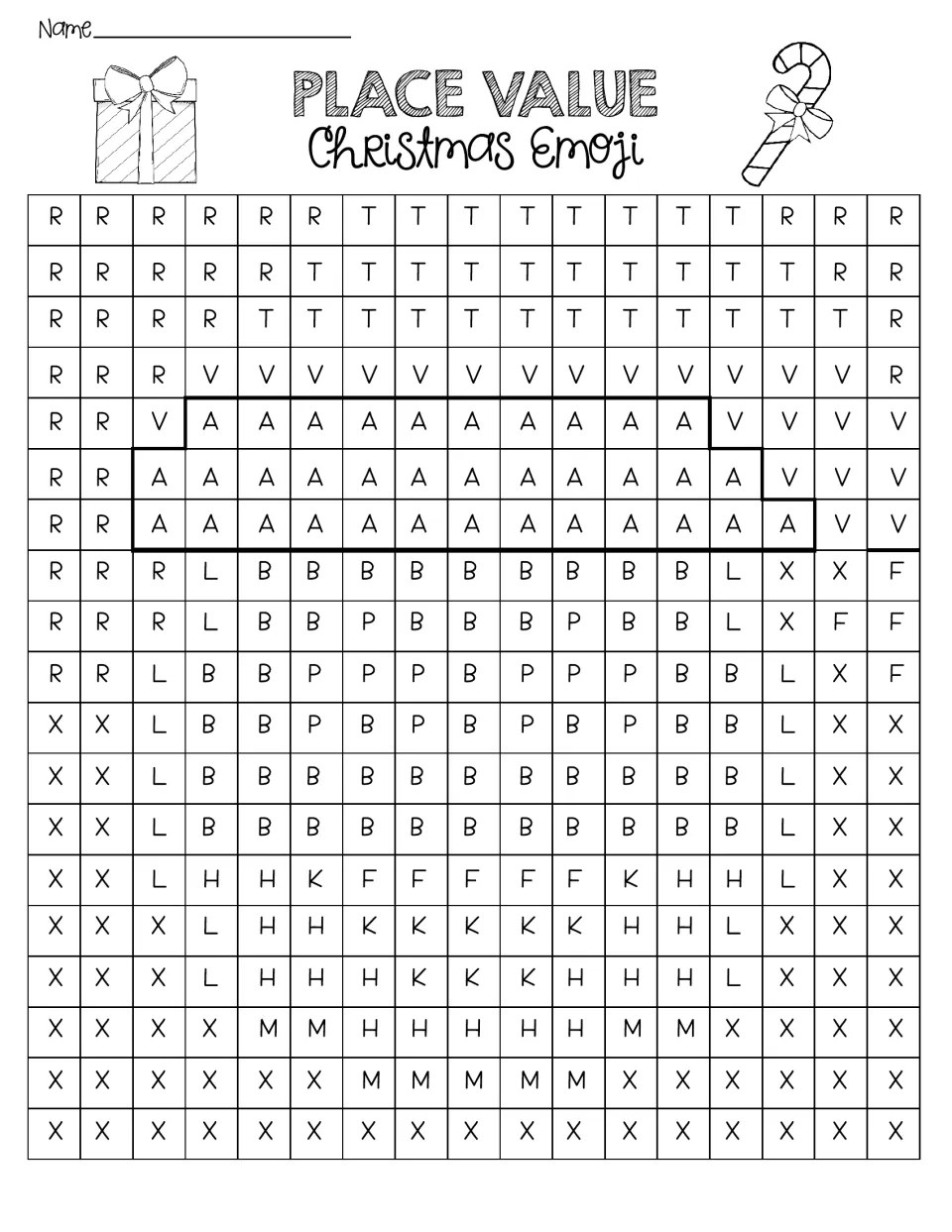 Santa emoji coloring sheet with letter-coded spaces to color using answers to the 12 place value problems