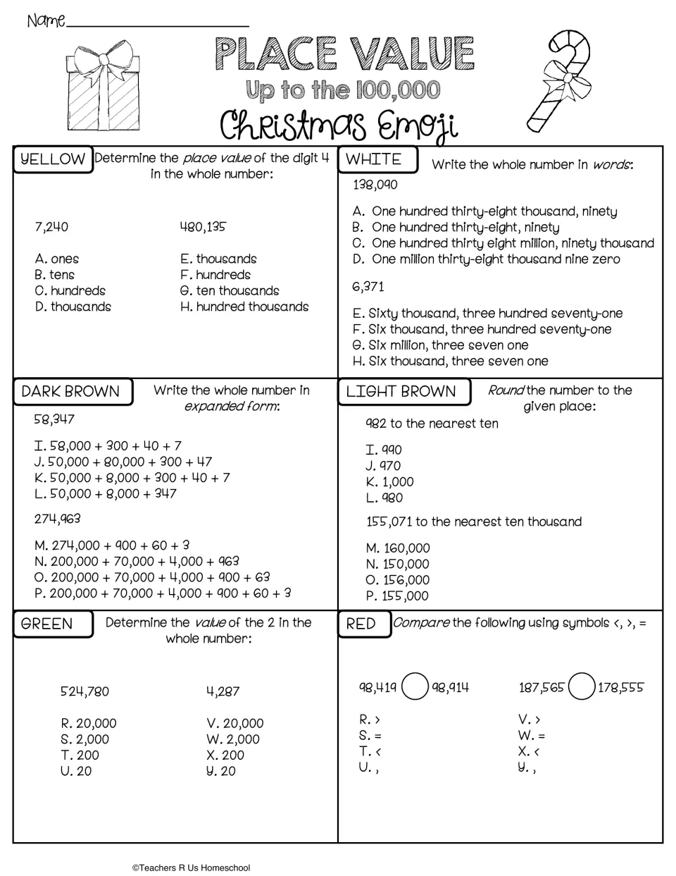 Hundred-thousands version: 12 place value problems on digit values, word form, expanded form, and more