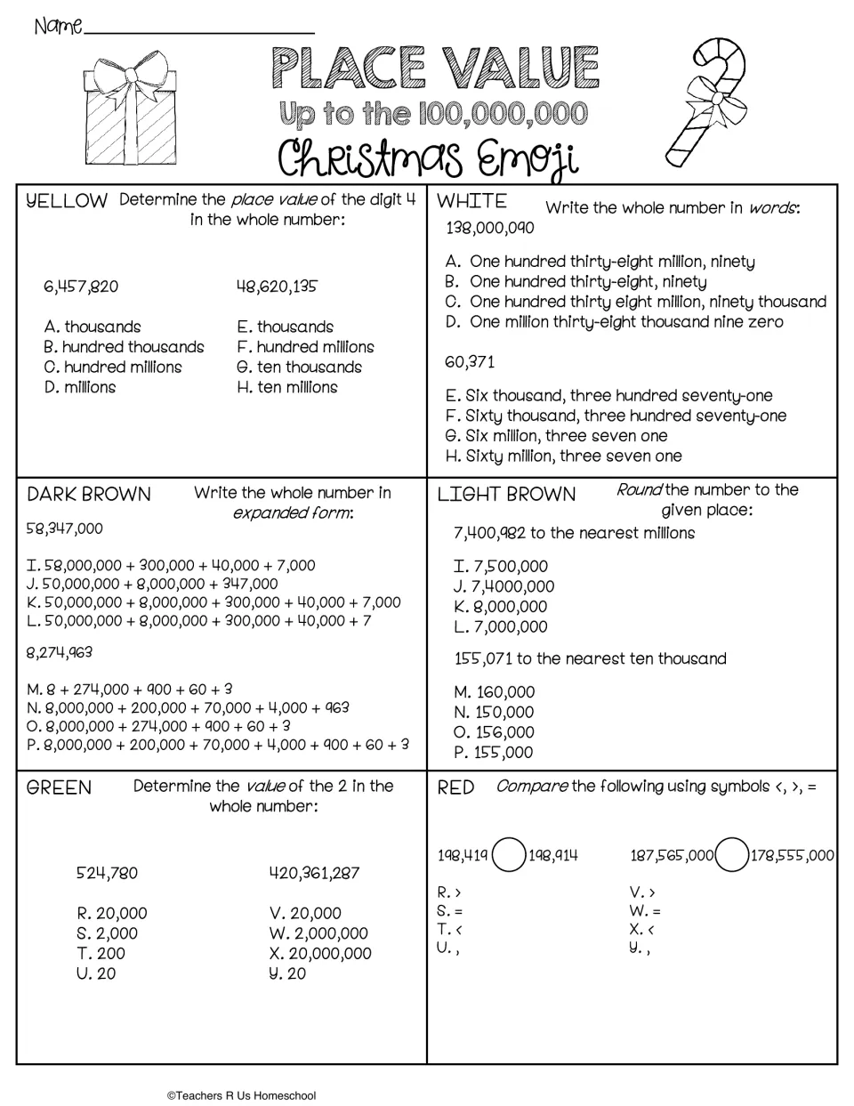 Hundred-millions version: 12 place value problems including 138,000,090 in words and rounding 7,400,982