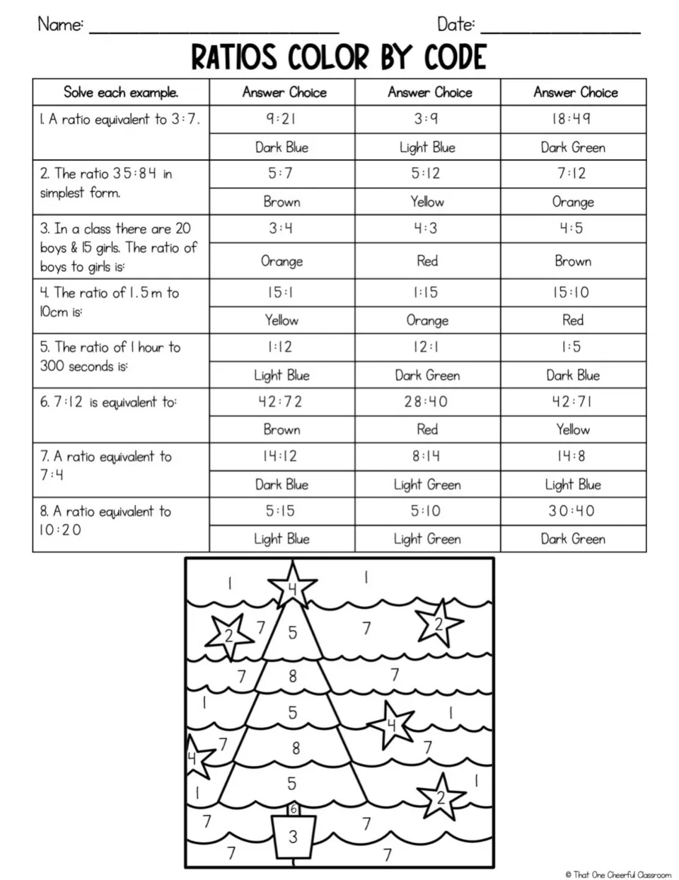 Ratio color-by-code practice: eight problems on equivalent ratios and simplest form, plus a Christmas tree
