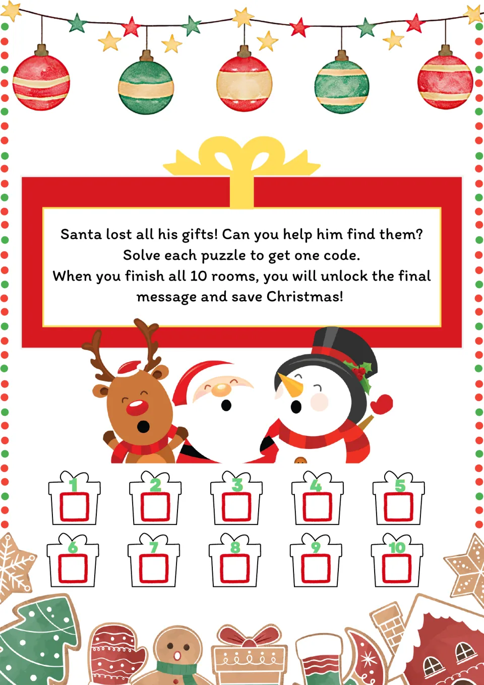 Christmas escape room introduction: help Santa find his gifts and record codes from all ten rooms.
