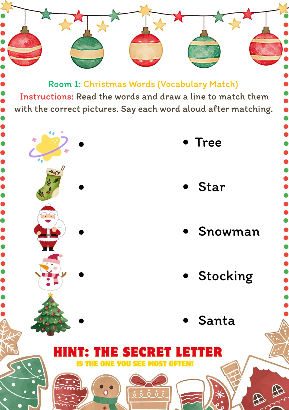 Room 1 vocabulary match: connect Tree, Star, Snowman, Stocking, and Santa to pictures, then say each word.