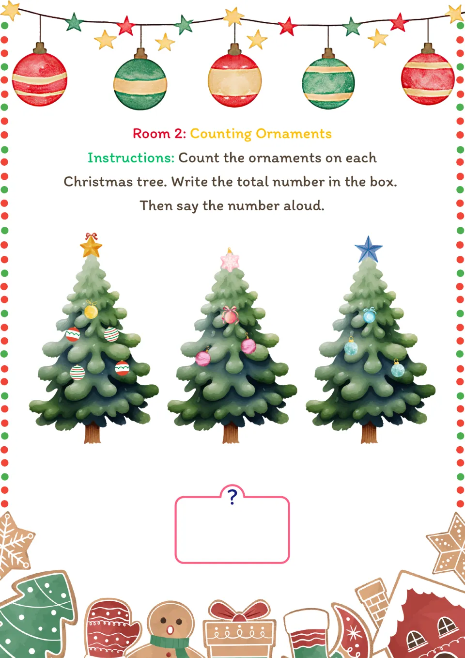 Room 2 counting activity: count ornaments on three Christmas trees, write the total, and say it aloud.
