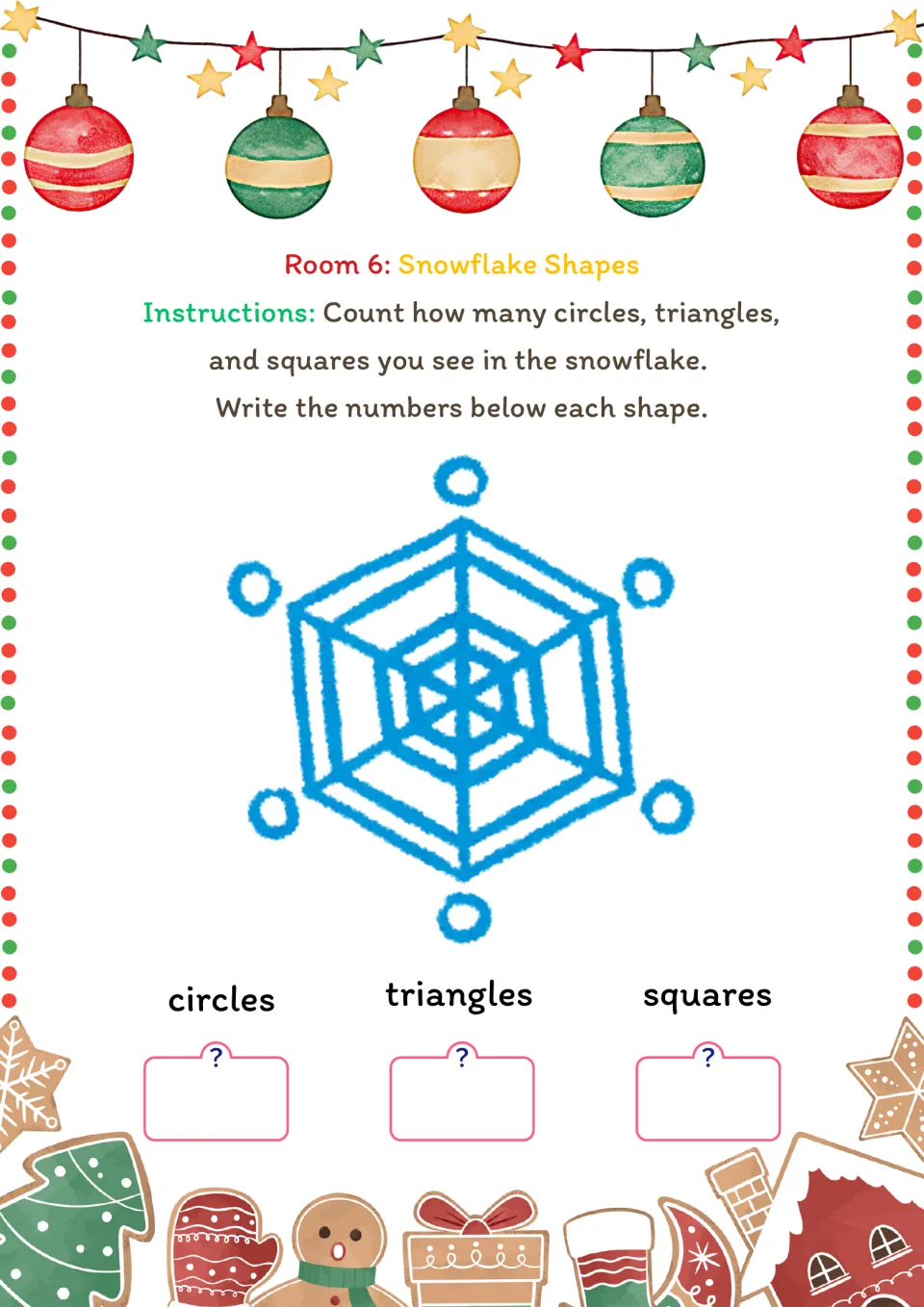 Room 6 snowflake shapes activity: count circles, triangles, and squares in the diagram and write each total.