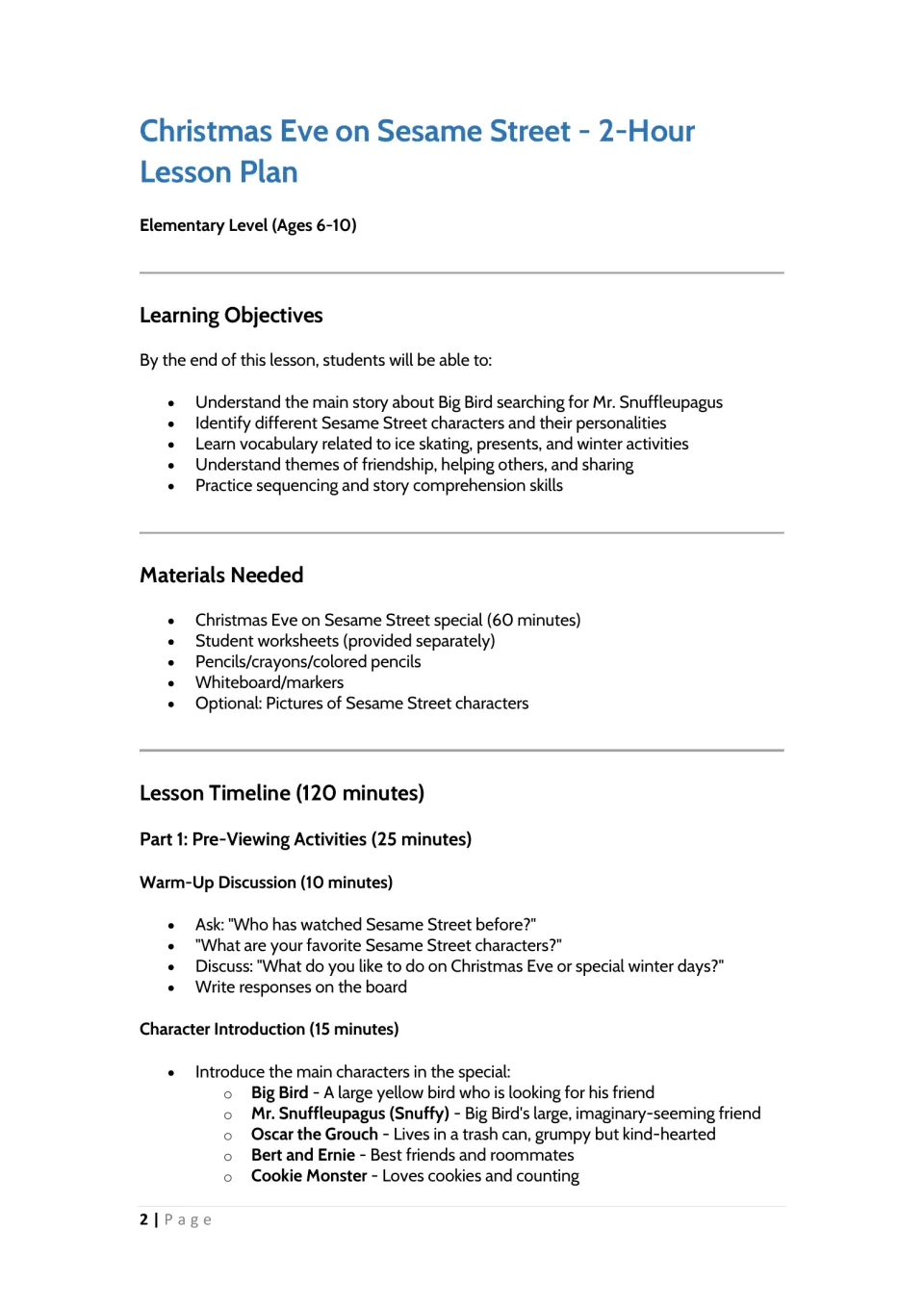 Lesson plan opener listing objectives, materials and a 25-minute pre-viewing warm-up introducing Big Bird and friends