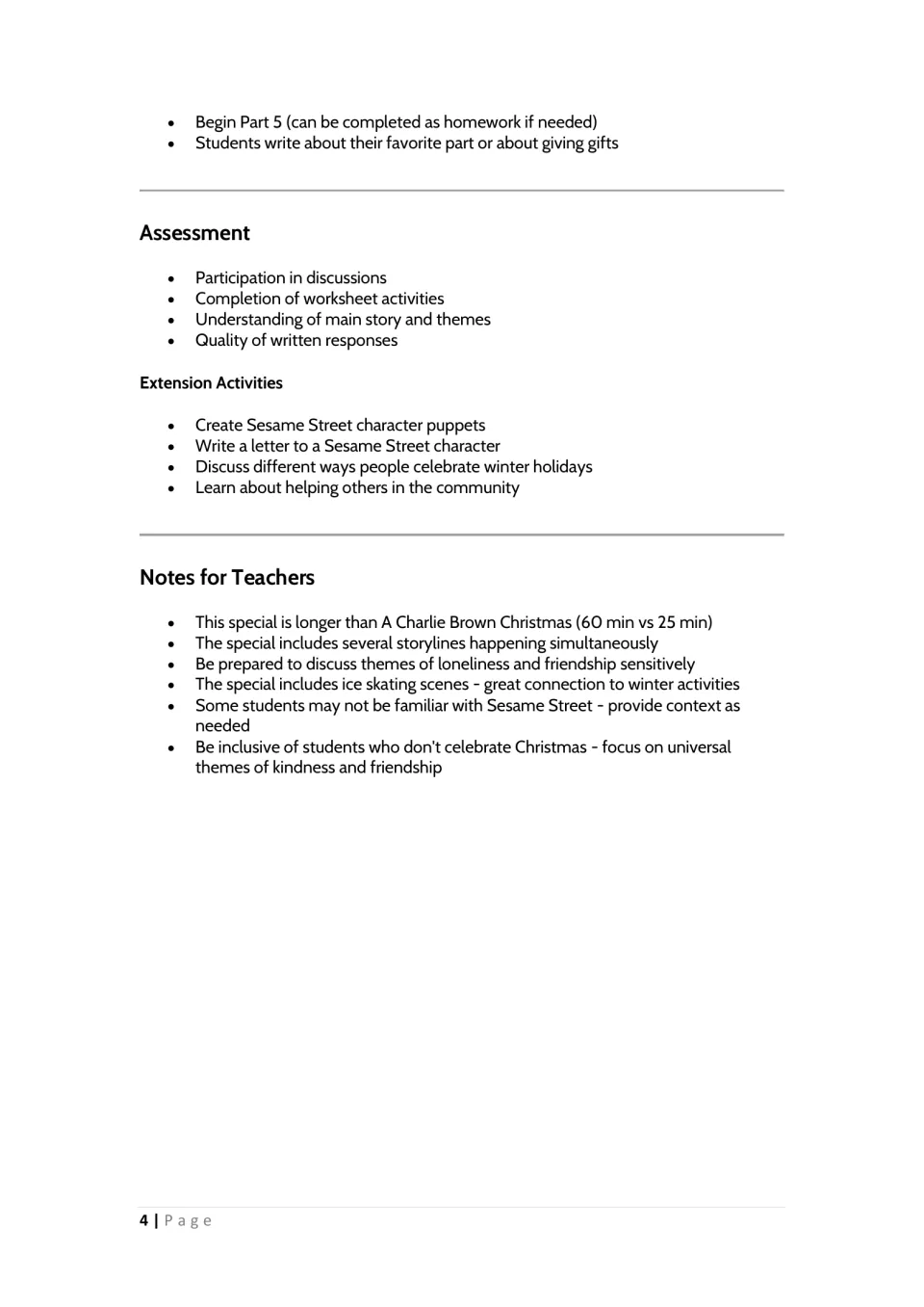 Lesson plan close: writing task, assessment criteria, extension ideas such as character puppets, and notes for teachers