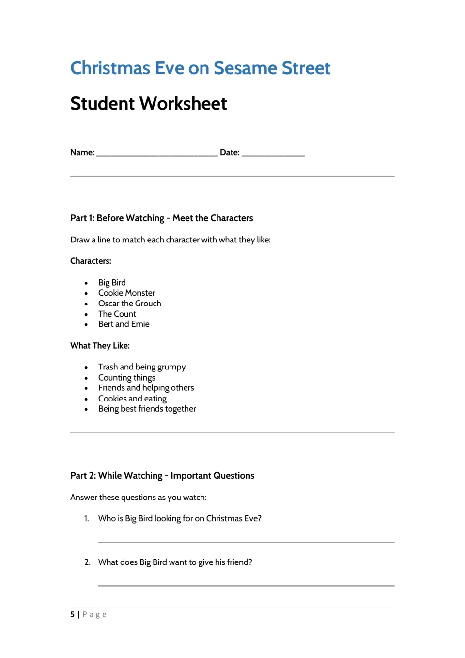 Student sheet: students match five Sesame Street characters to what they like, then answer questions while watching