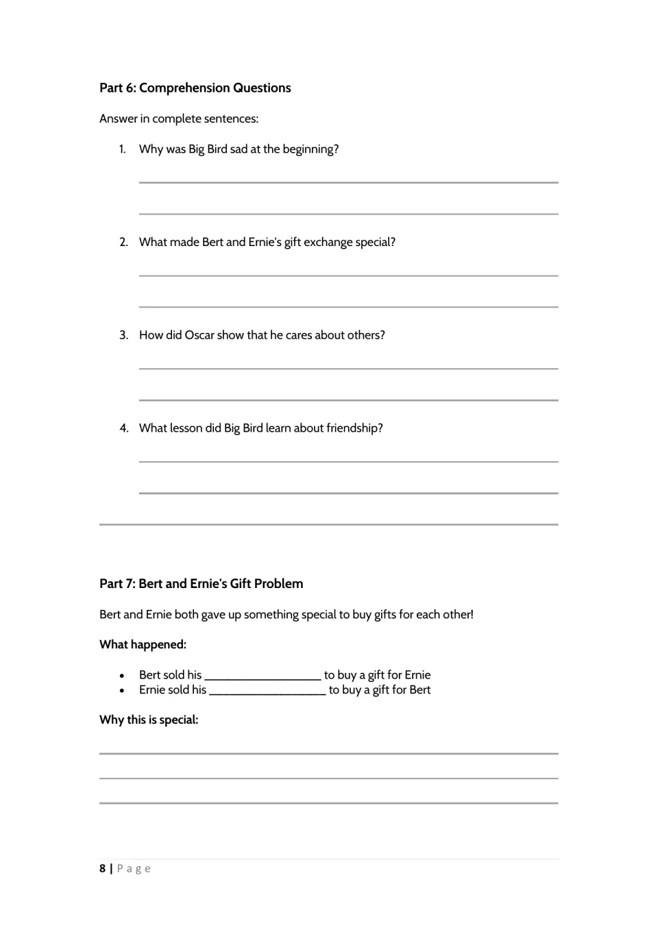 Comprehension questions in complete sentences, then Bert and Ernie's Gift Problem: what each sold and why it matters
