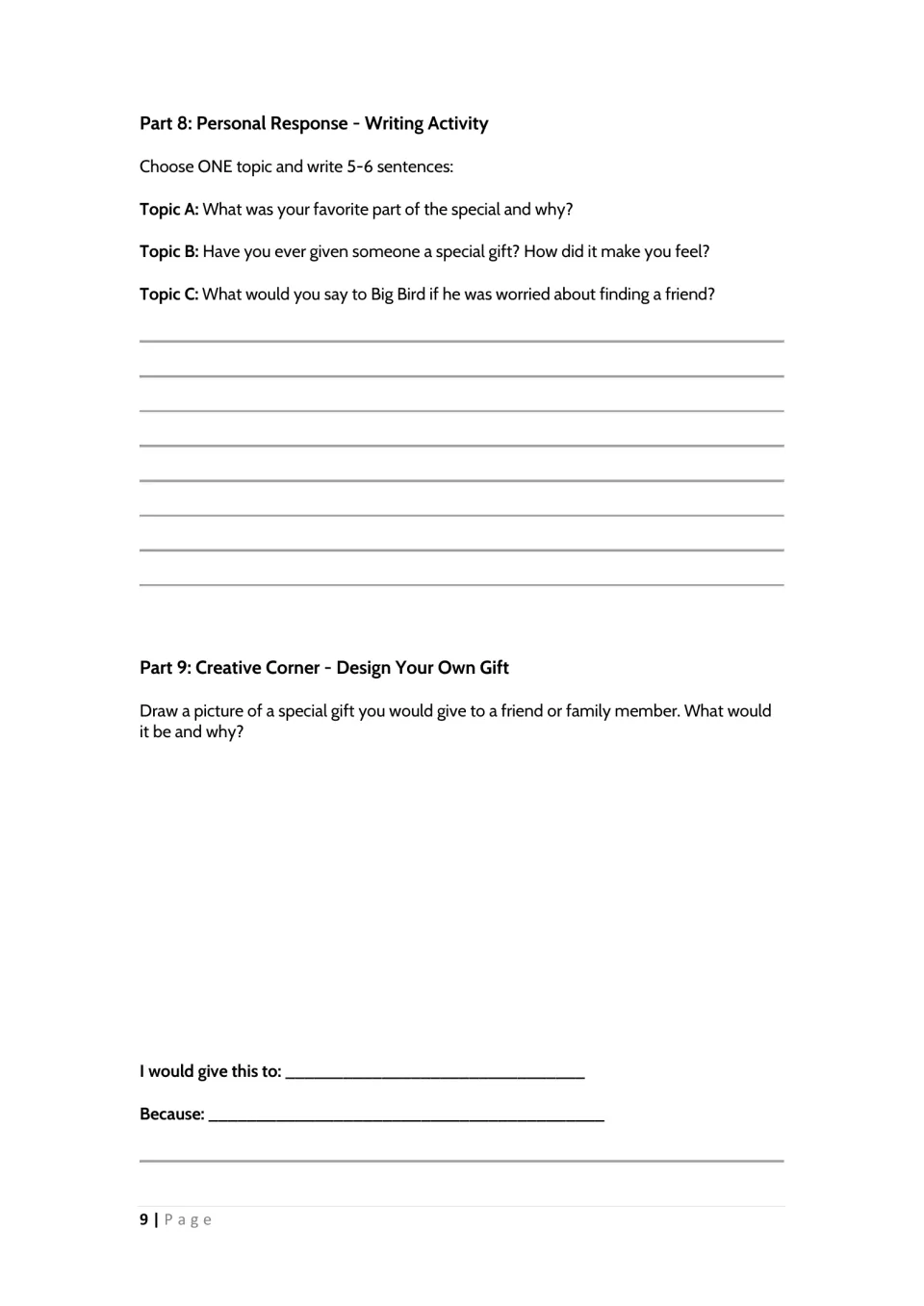 Personal response writing: students choose one of three topics for 5-6 sentences, then draw and explain a gift for someone