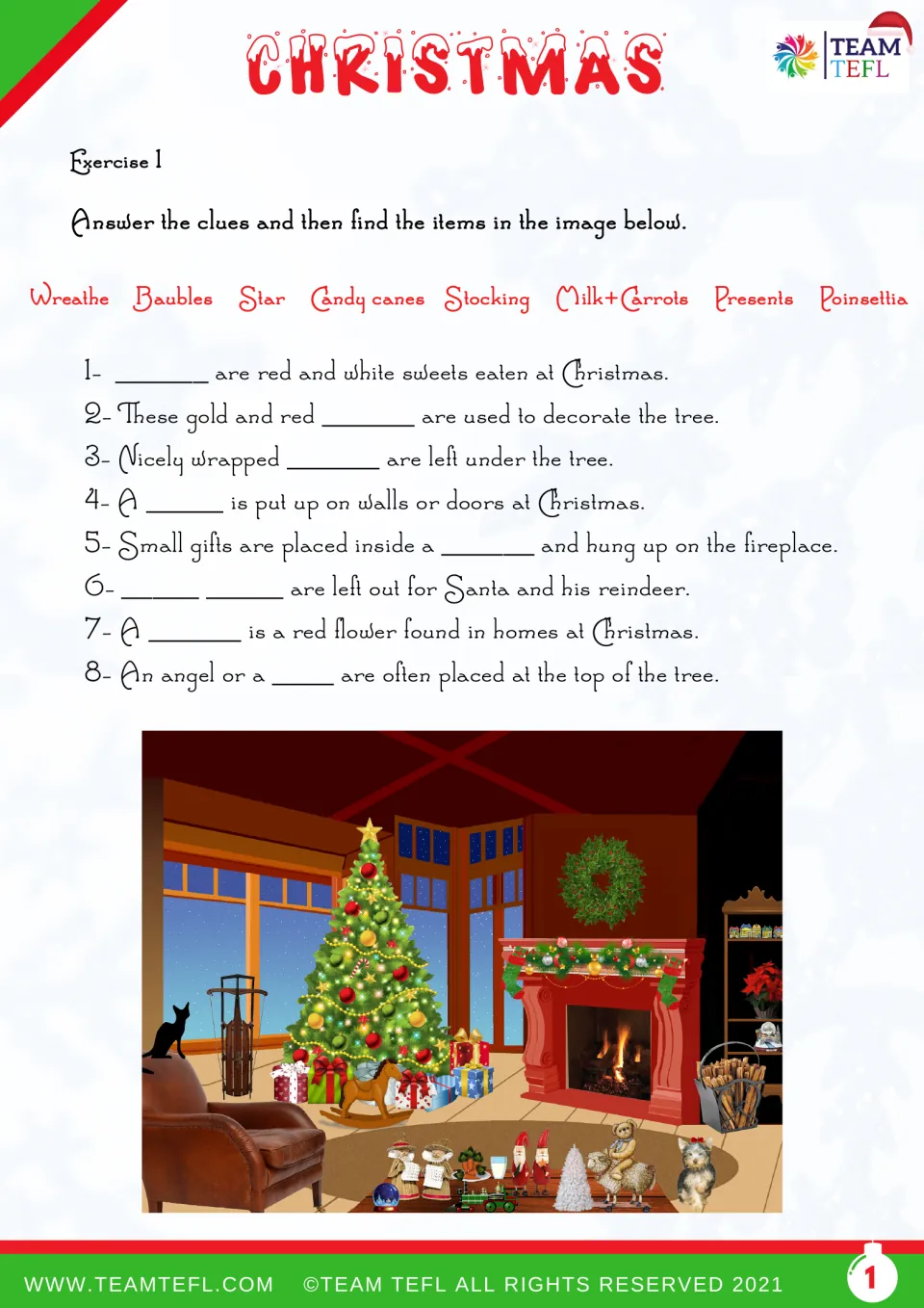 Christmas vocabulary exercise 1: solve eight clues and find candy canes, ornaments, gifts and more in a scene