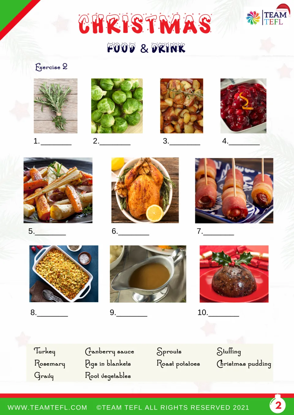 Christmas food exercise 2: match ten photos to words including turkey, rosemary, stuffing and gravy