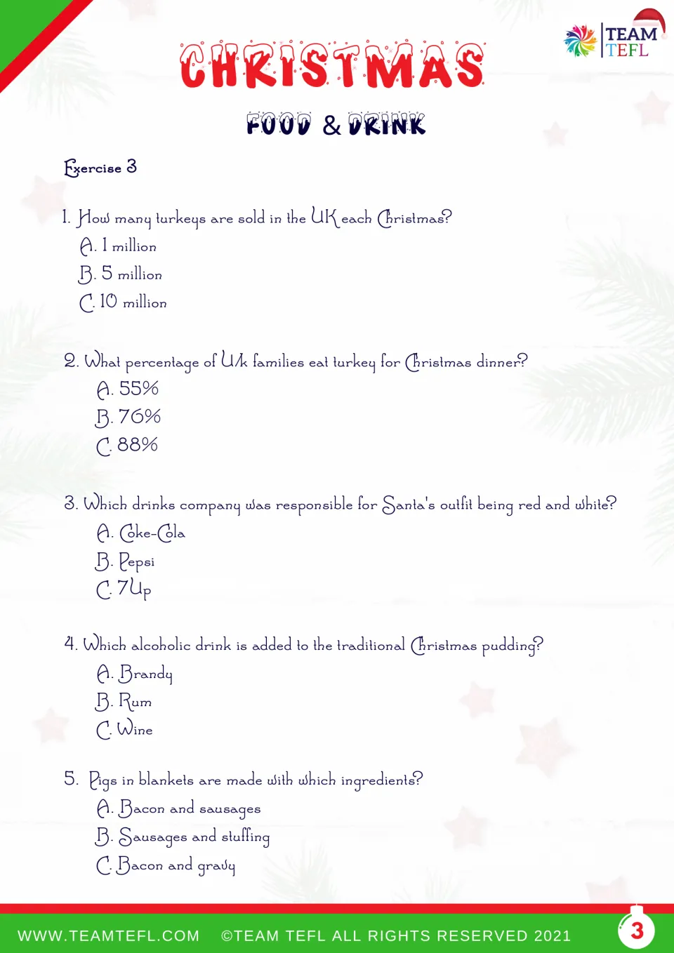 Christmas quiz exercise 3, questions 1–5: UK turkey traditions, Santa's outfit, pudding and pigs in blankets