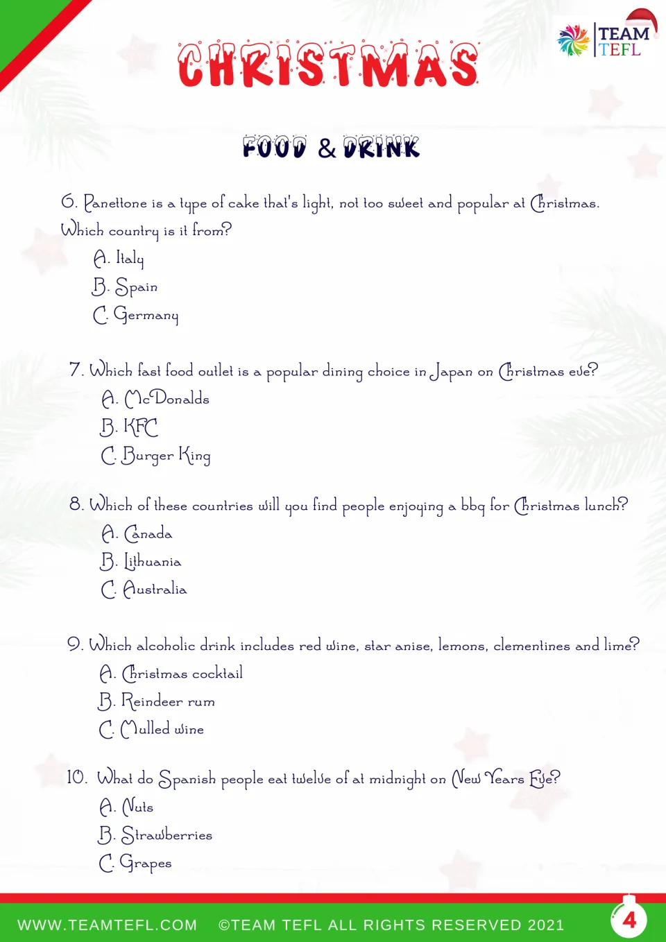 Christmas quiz exercise 3, questions 6–10: panettone, Japan's fast food, barbecue, mulled wine and grapes