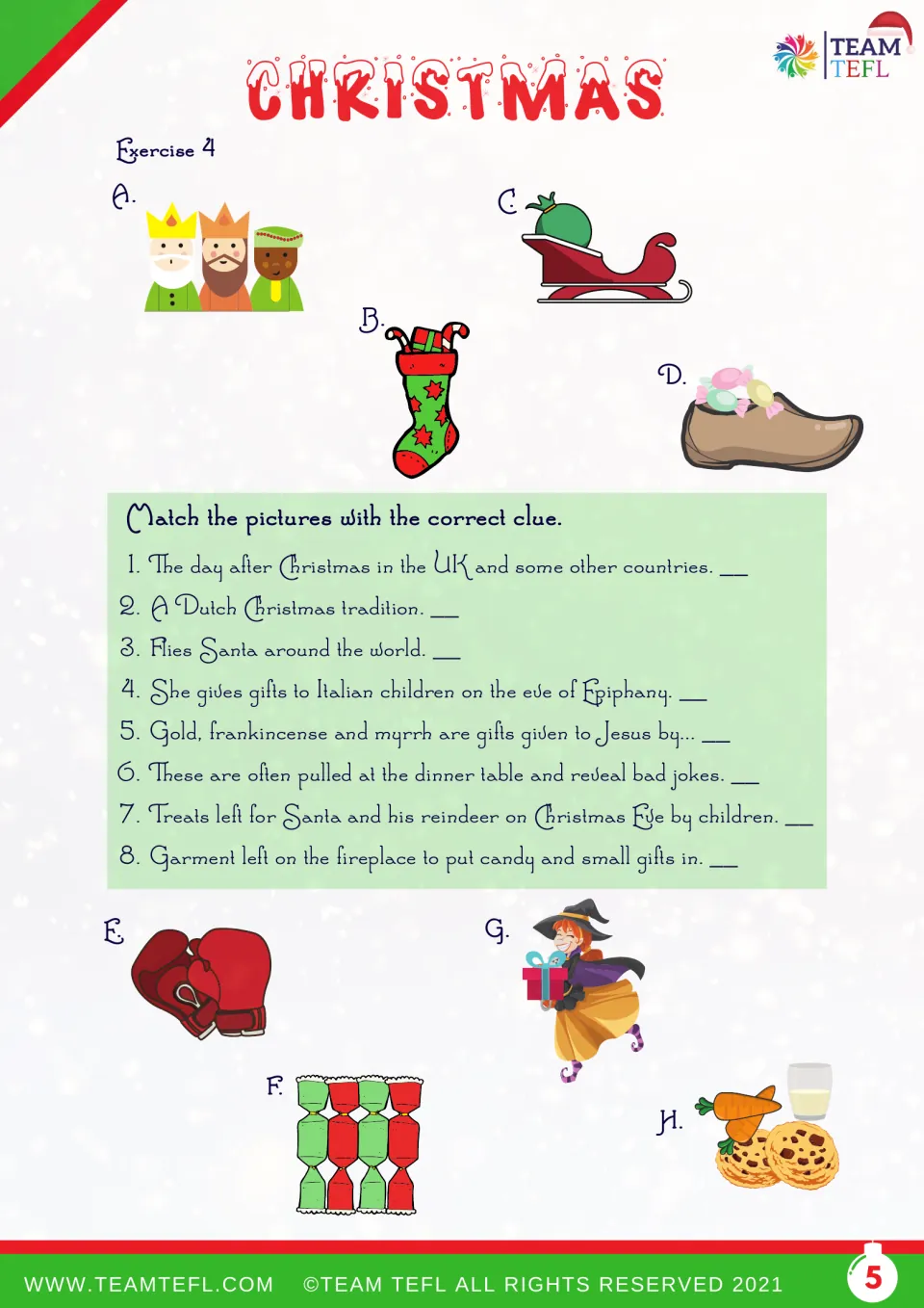 Christmas exercise 4: match eight clues to pictures of the Three Wise Men, a sleigh, a stocking and more