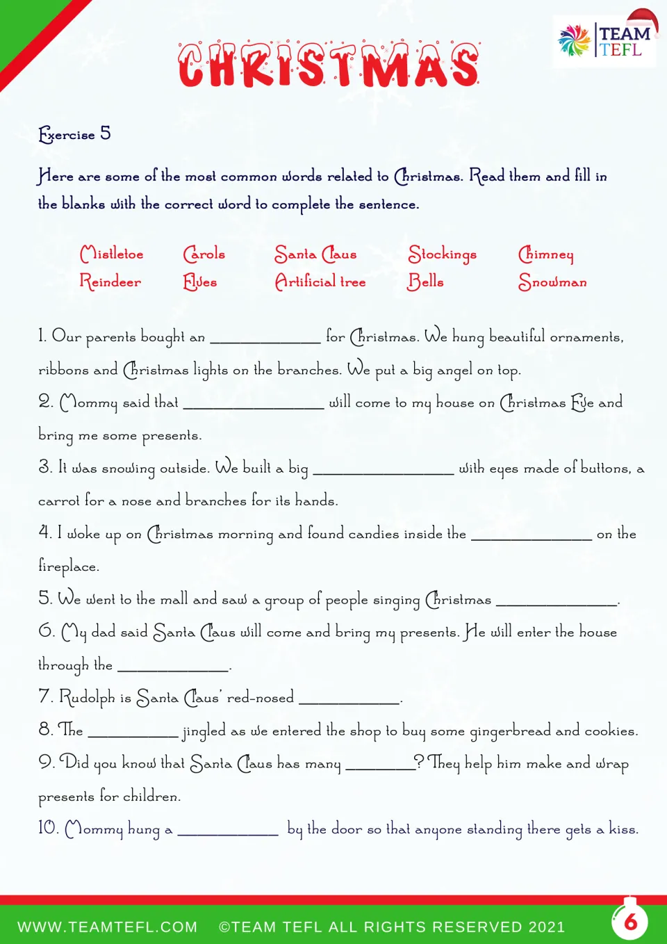 Christmas vocabulary exercise 5: complete ten sentences using mistletoe, carols, Santa Claus and more