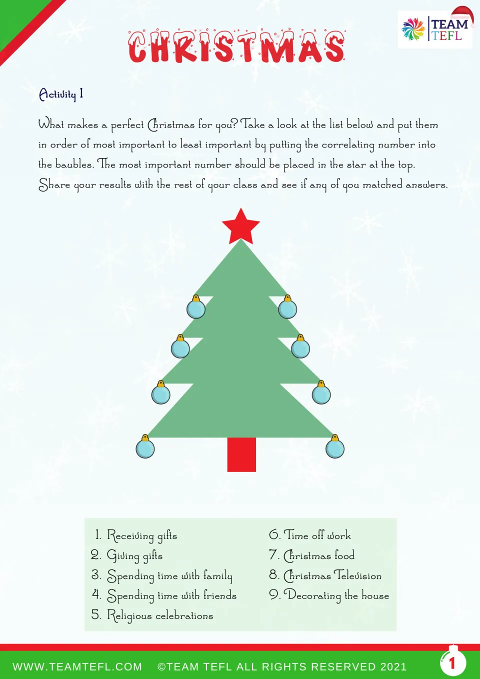Christmas activity 1: rank nine priorities, including gifts, family and food, on a tree and share with classmates