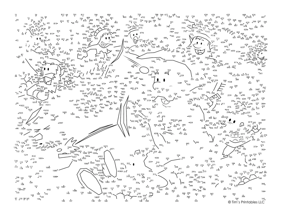 Snowball fight dot-to-dot: students connect numbered dots from 1 to over 1000 to reveal children, a penguin and trees