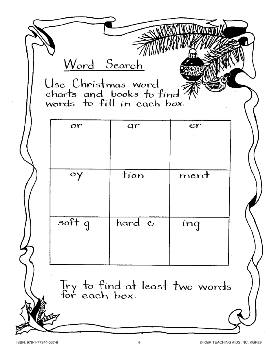 Second Word Search: find at least two Christmas words for or, ar, er, oy, tion, ment, soft g, hard c and ing