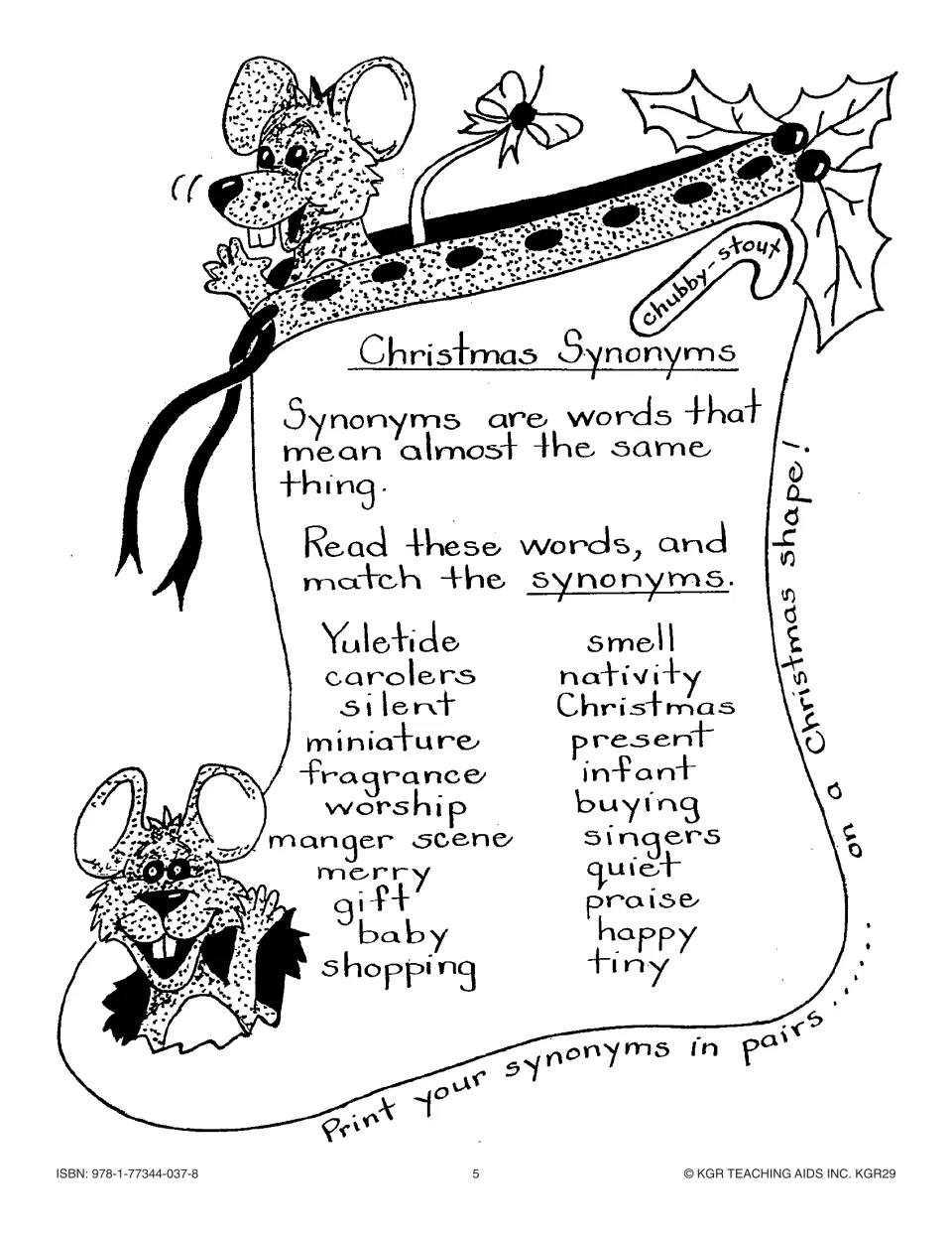 Christmas Synonyms: match 11 word pairs, such as Yuletide, carolers, silent and gift, printed on a Christmas shape