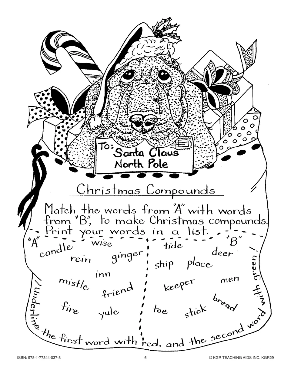 Christmas Compounds: match A words (candle, rein, ginger, mistle) with B words (stick, deer, bread, toe)
