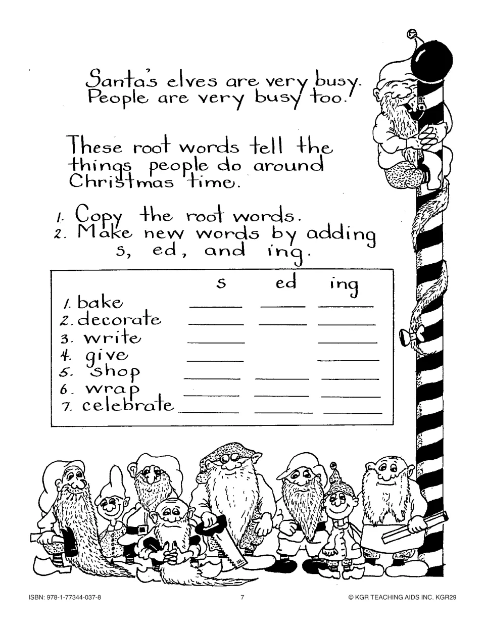 Root word practice: add s, ed and ing to bake, decorate, write, give, shop, wrap and celebrate
