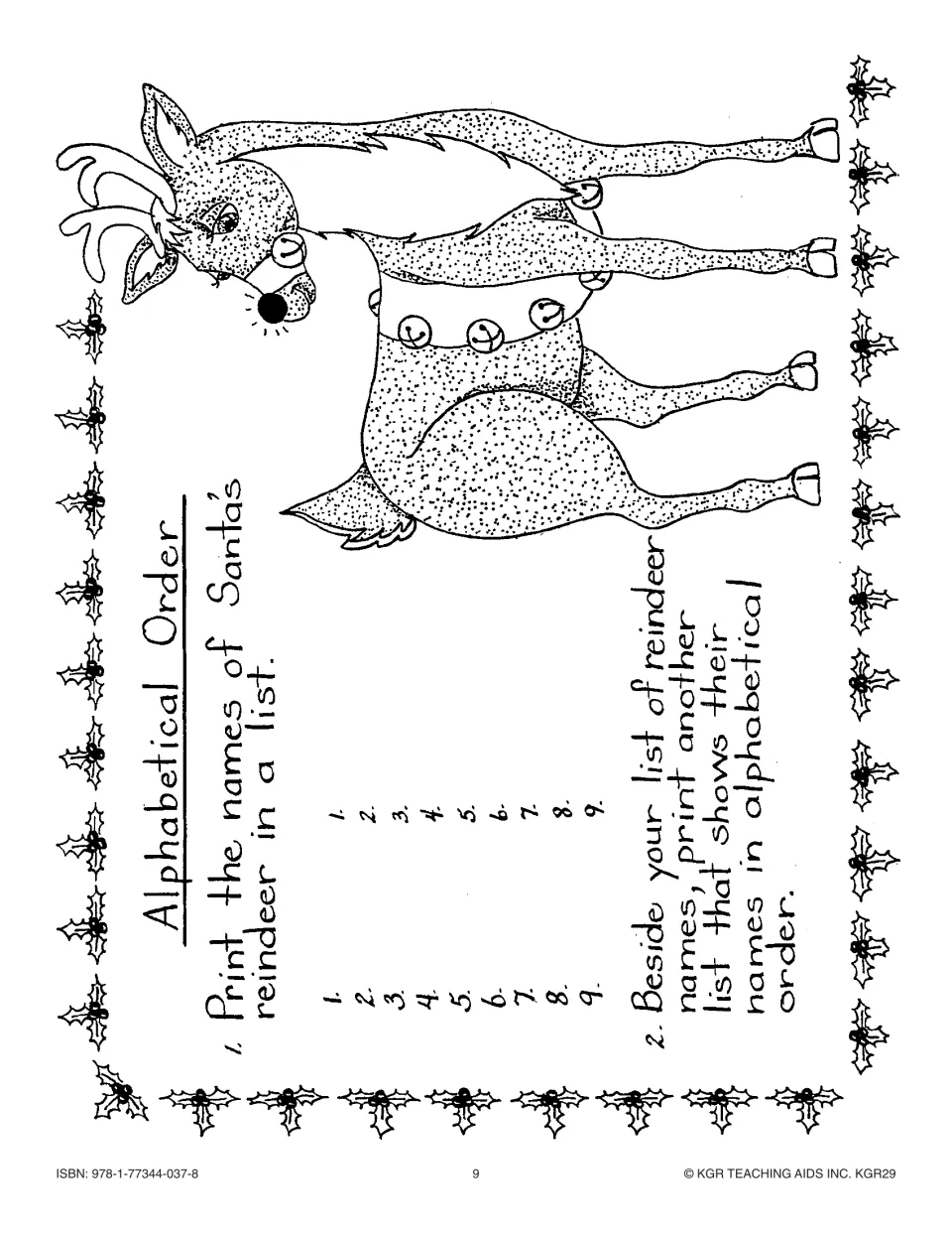 Alphabetical Order: list the names of Santa's nine reindeer, then rewrite the list in alphabetical order