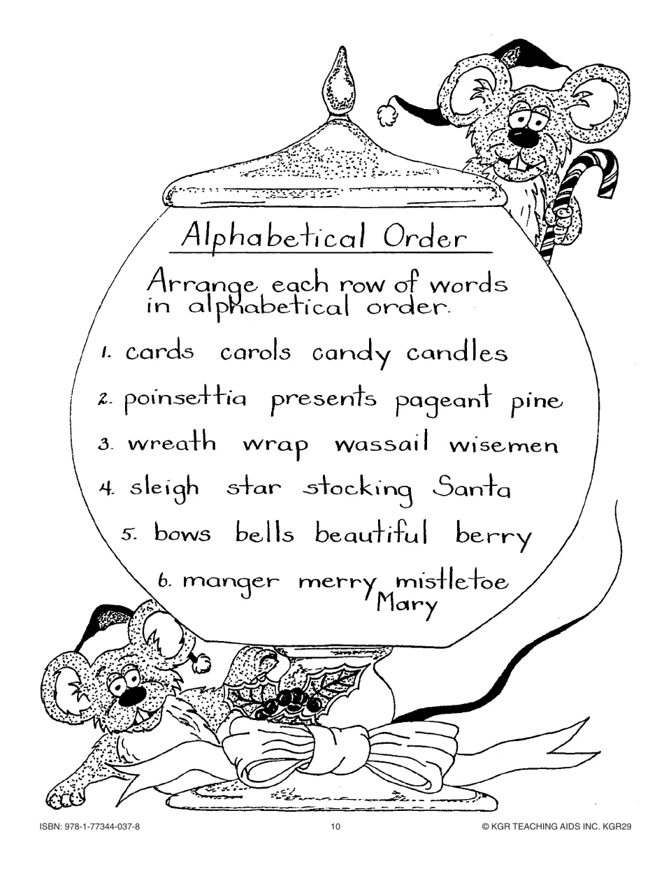Alphabetical order practice: put six rows of Christmas words in order, such as cards, carols, candy and candles