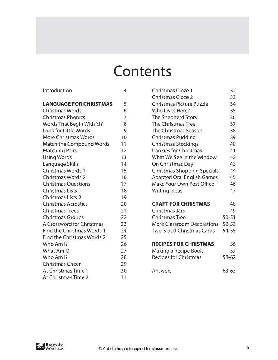 Contents listing three sections: Language for Christmas (pages 5-47), Craft for Christmas (48-55) and Recipes (56-62)