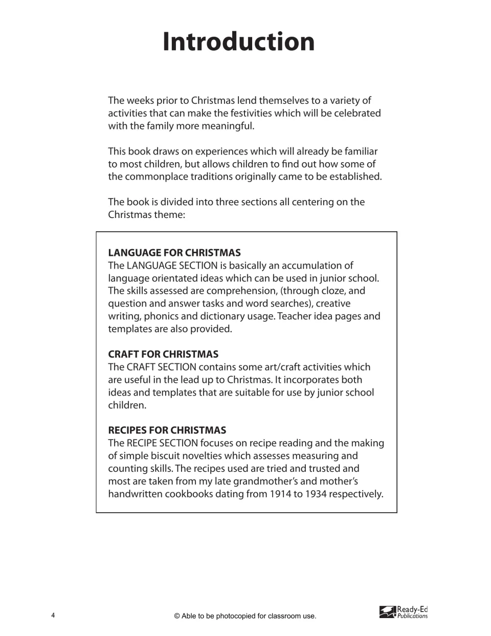 Introduction to the language, craft and recipe sections, covering cloze, phonics, word searches and biscuit recipes