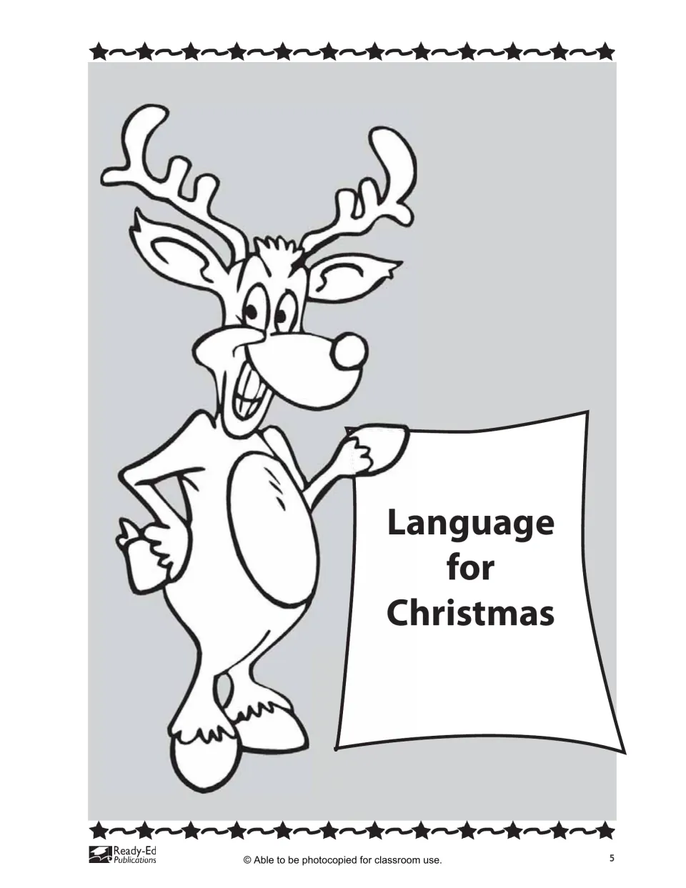 Language for Christmas section title page: a grinning cartoon reindeer holds up a sign showing the section name