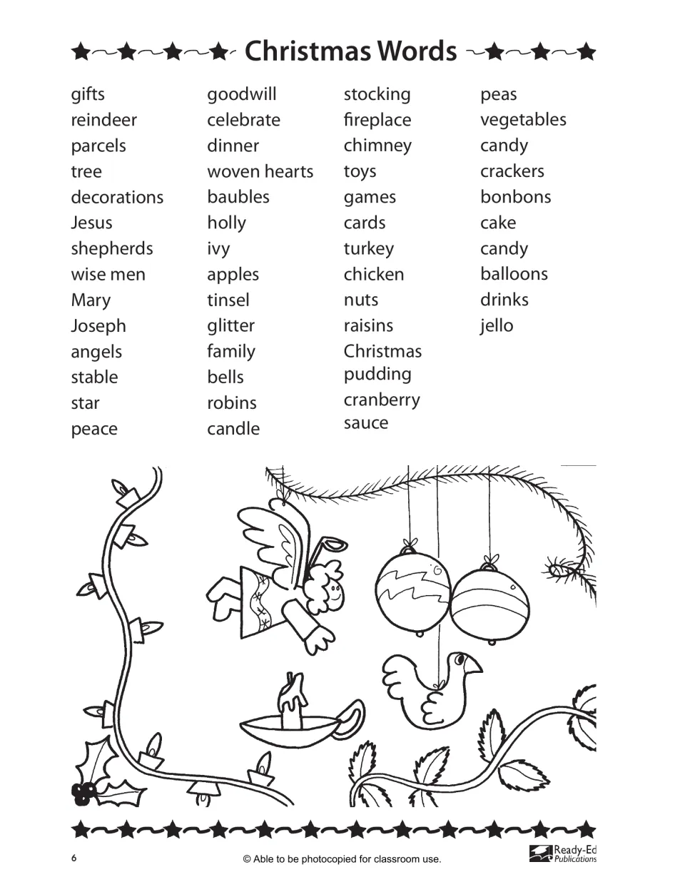 Christmas Words: a vocabulary list of about 50 holiday words, from gifts and reindeer to turkey and jello, with drawings