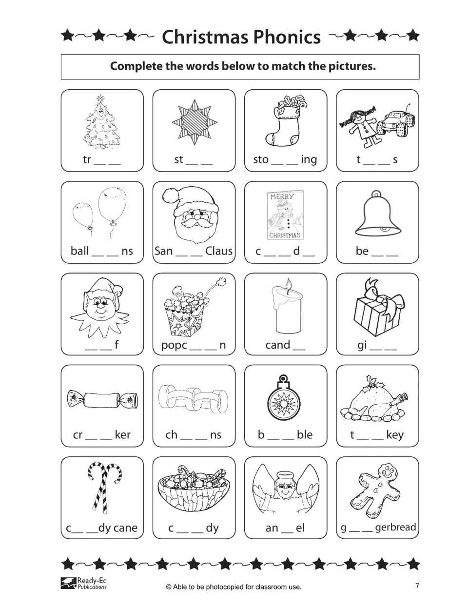 Christmas Phonics: students fill in missing letters to spell 20 pictured items such as tree, stocking, bell, elf and angel