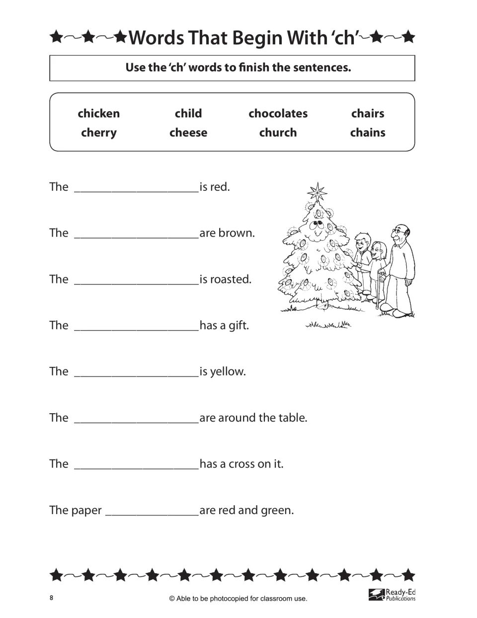 Words that begin with 'ch': students use chicken, cherry, church, chains and other ch words to finish eight sentences