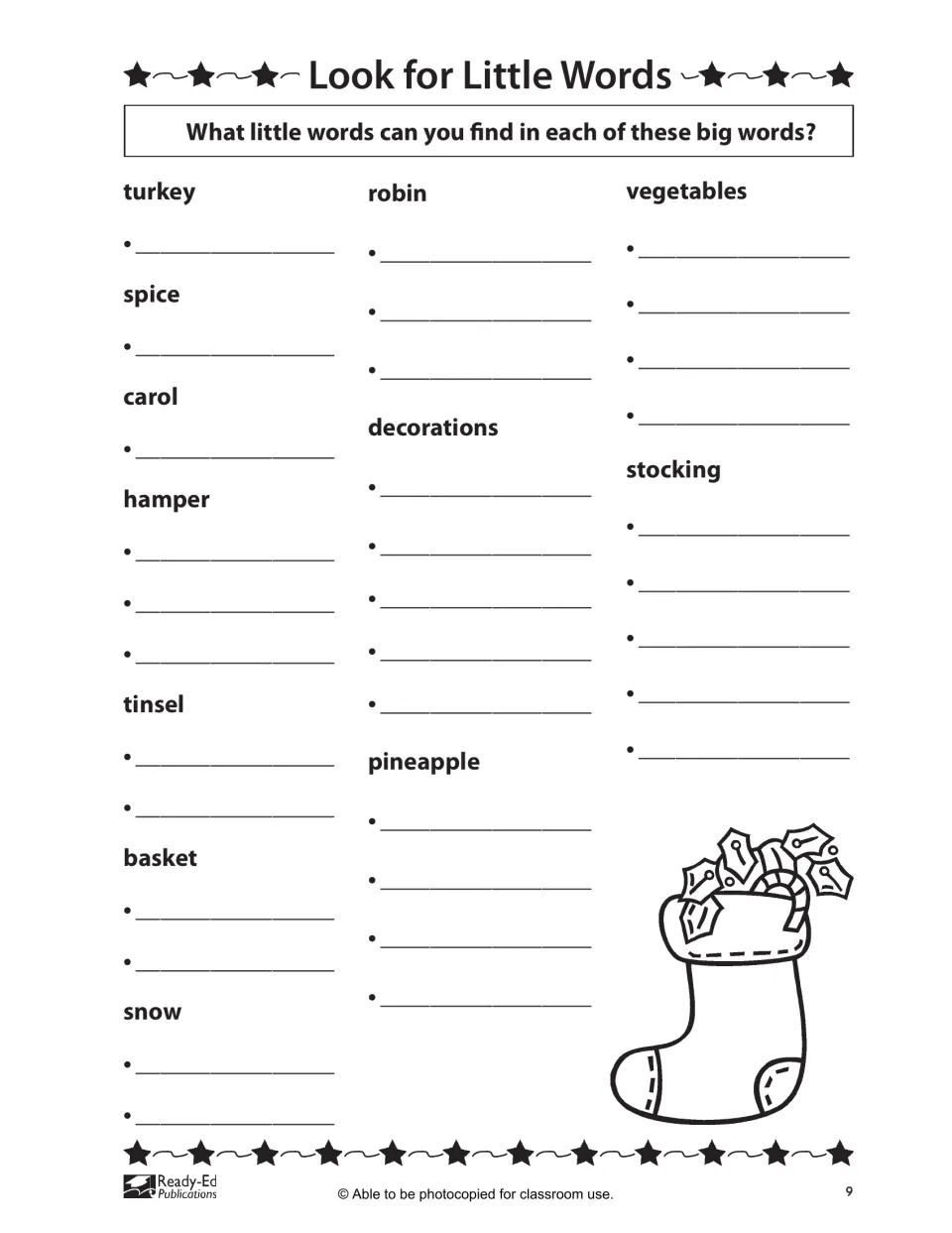 Look for Little Words: students find smaller words inside turkey, carol, tinsel, decorations, pineapple, stocking and more