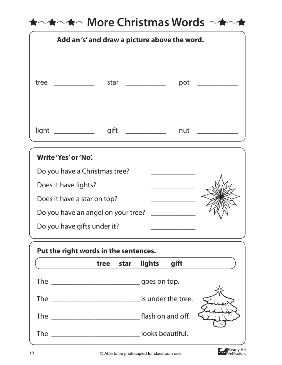 More Christmas Words: students add 's' to make plurals and draw them, answer yes/no questions and fill in four sentences