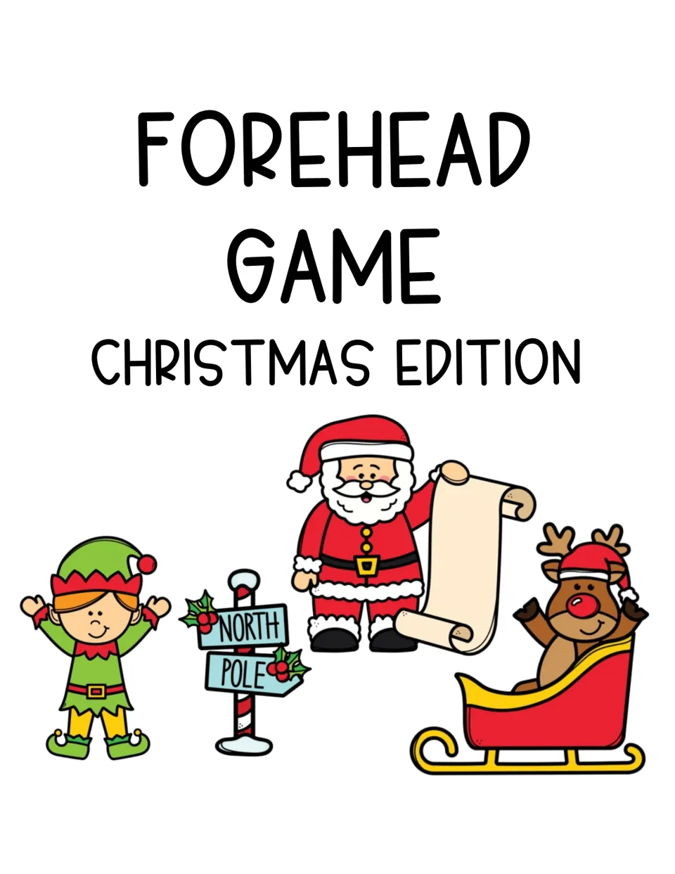 Cover of the Christmas forehead guessing game, labeled 'Forehead Game' and 'Christmas Edition'