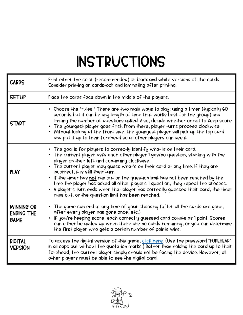 Game instructions cover card preparation, setup, yes/no questions, turn limits, scoring, and digital play
