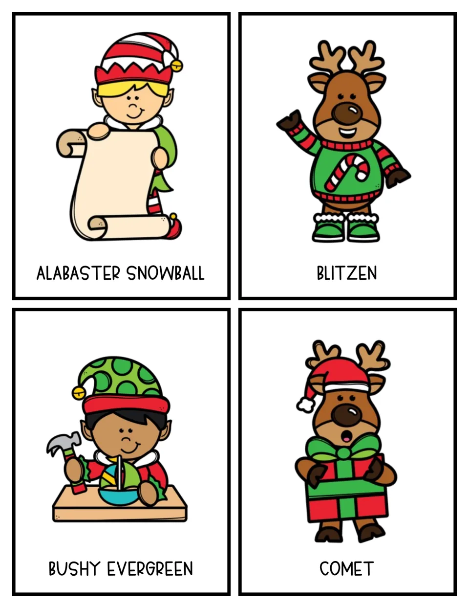 Color guessing-game cards 1–4 show labeled characters Alabaster Snowball, Blitzen, Bushy Evergreen, and Comet