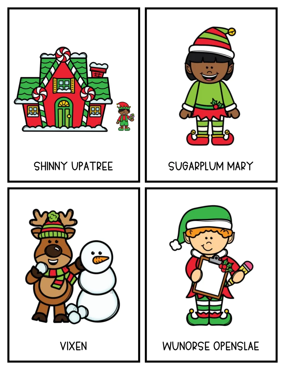 Color guessing-game cards 13–16 feature Shinny Upatree, Sugarplum Mary, Vixen, and Wunorse Openslae