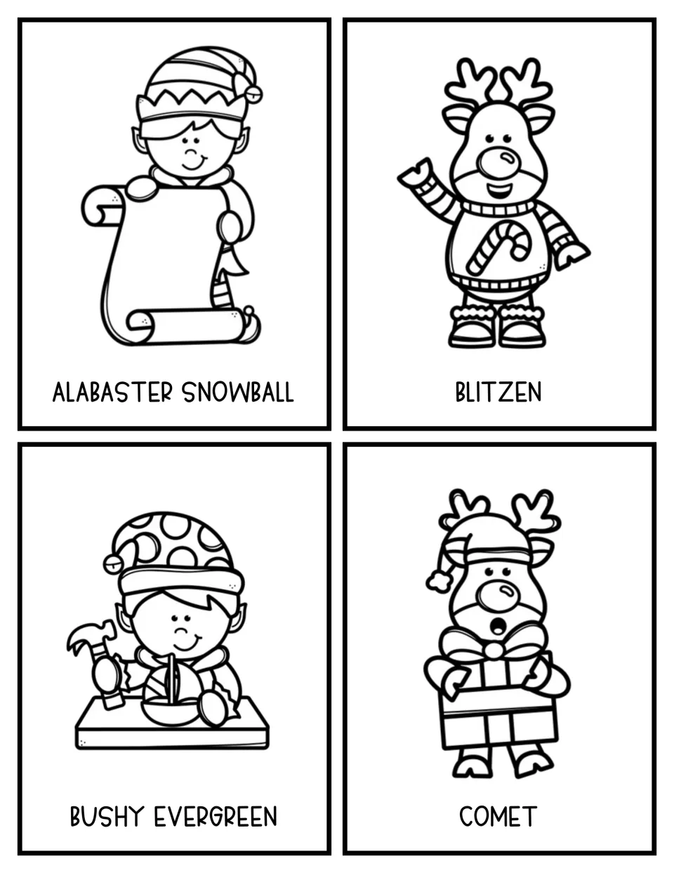 Black-and-white guessing cards 1–4 feature Alabaster Snowball, Blitzen, Bushy Evergreen, and Comet