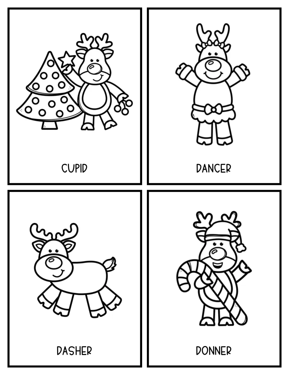 Black-and-white guessing-game cards 5–8 show labeled reindeer characters Cupid, Dancer, Dasher, and Donner