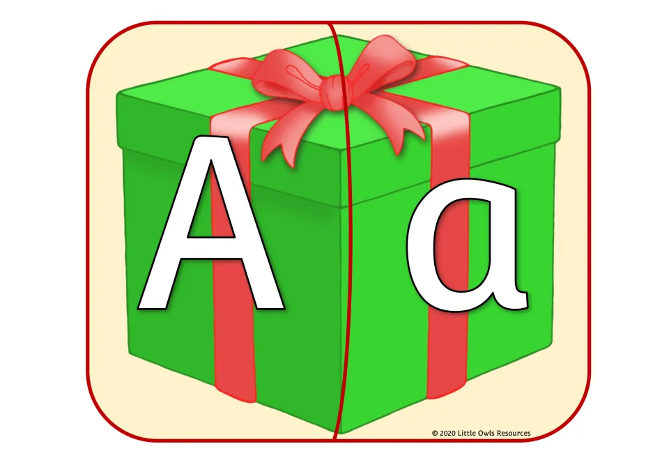 Christmas gift alphabet puzzle 1 of 26: uppercase A and lowercase a on two matching present pieces.