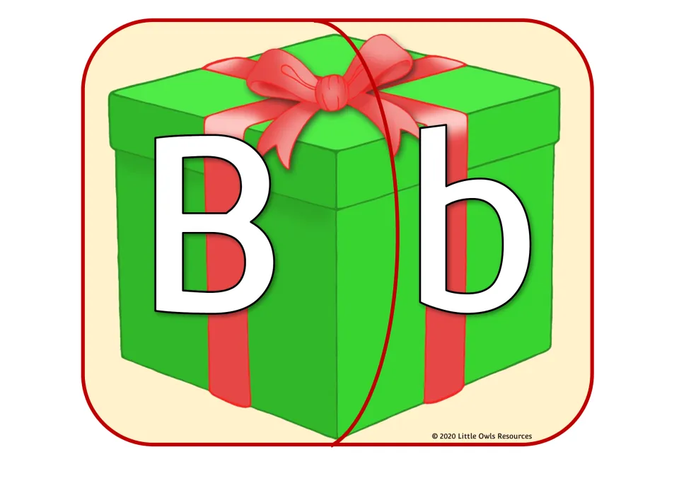 Christmas gift alphabet puzzle 2 of 26: uppercase B and lowercase b on two matching present pieces.