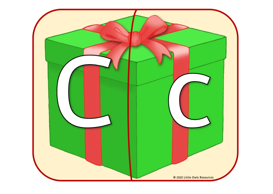 Christmas gift alphabet puzzle 3 of 26: uppercase C and lowercase c on two matching present pieces.